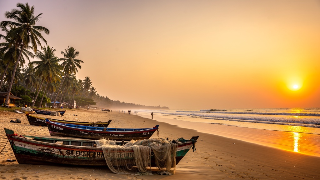 Gopalpur Beach near Brahmapur, Odisha at golden sunset with palm trees and fishing boats